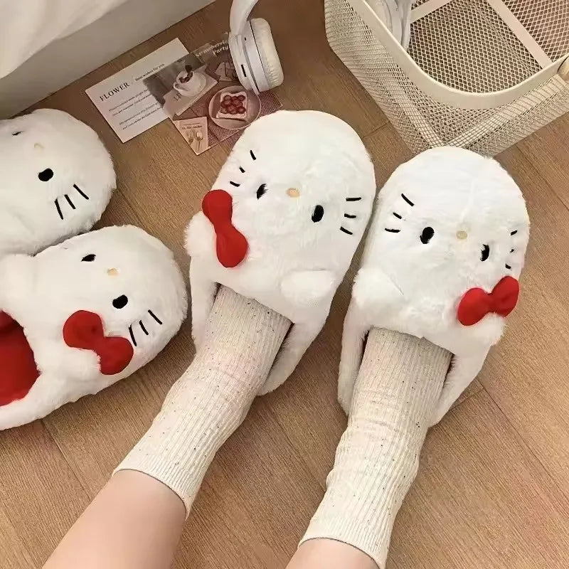 Sanrio Kawaii Plush Slippers Hello Kittys Cute Student Autumn Winter Bedroom Soft Padded Plush Bedroom Aldult Shoes Girls Xmas